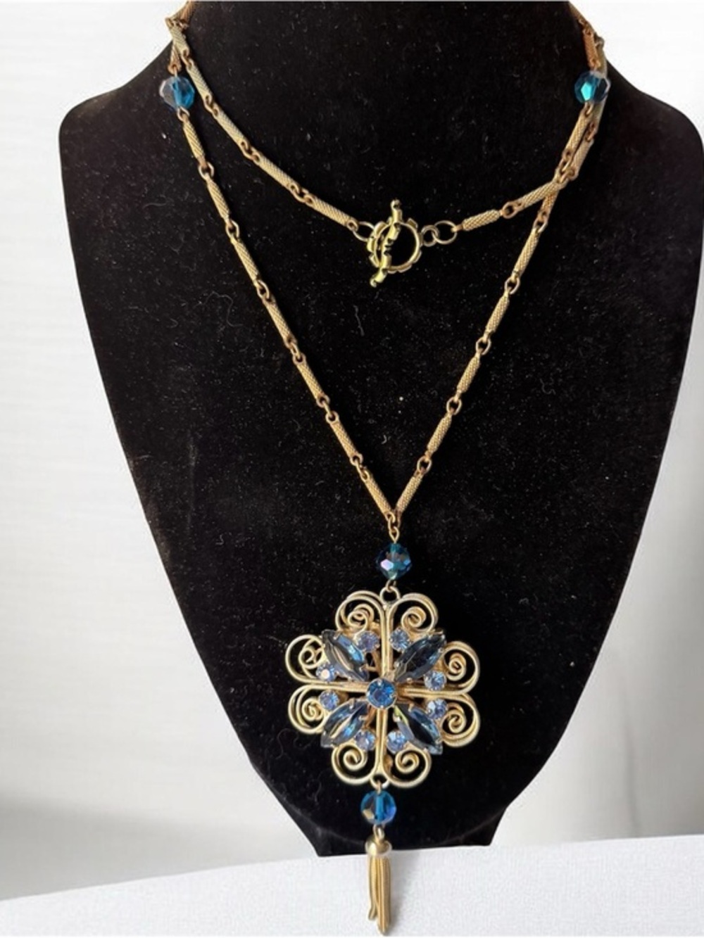 Gold-Tone Necklace with Blue Crystal double sided Pendant - Women Jewelry